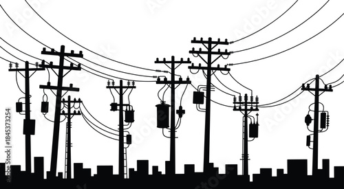 Urban power distribution poles silhouette, electrical transformers and cables, city skyline background, energy infrastructure, electricity transmission concept