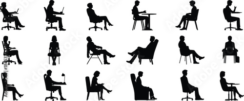 People sitting silhouettes set, men and women seated on chairs working, waiting, relaxing poses, black vector icons isolated on white background