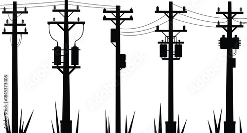 Electric power line pole silhouettes collection, utility electricity transmission distribution infrastructure, energy network isolated black vector illustration set