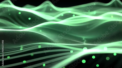 Abstract Digital Wave Pattern with Neon Green and Blue Light Effects on Dark Background