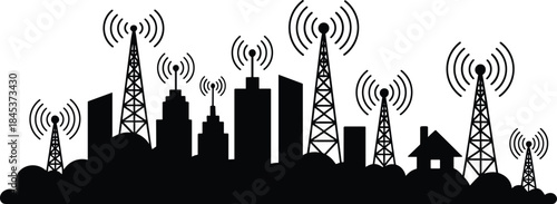 Wireless communication towers over city skyline silhouettes, urban network signal transmission concept, smart city technology infrastructure, black vector illustration isolated