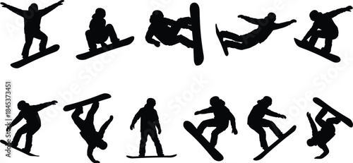 Snowboarder silhouette collection showing freestyle jumps and tricks, winter extreme sports action icons, black athlete figures isolated