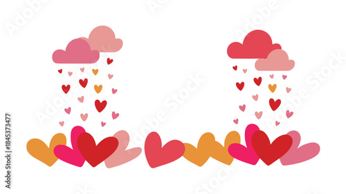 A flat minimalist scene where small clouds rain hearts in various pink red and orange hues on a white background with multiple hearts aligned