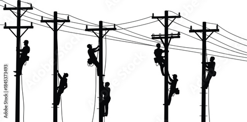 Electric linemen repairing power lines on utility poles silhouettes, electrical maintenance workers climbing distribution network, energy infrastructure, black vector illustration