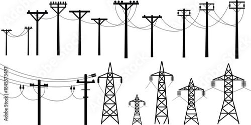 Electric power line and transmission tower silhouette set, utility poles, high voltage electricity distribution infrastructure, black minimal energy illustration icons