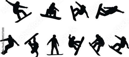 Snowboarder silhouette action set, winter extreme sports tricks, black snowboard jump poses, freestyle athlete icons isolated white background
