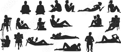 People reading book silhouettes collection, men and women sitting lying relaxing poses, education lifestyle concept isolated vector illustration set