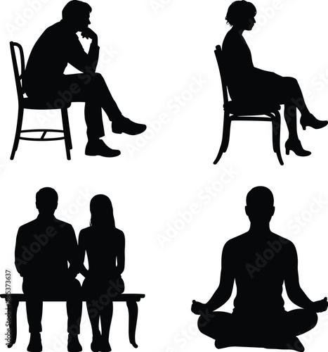 People sitting and meditation silhouettes set, man and woman seated on chair and bench, calm lifestyle poses, black vector icons