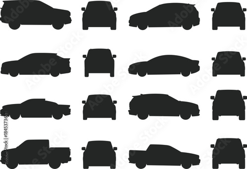 Car vehicle silhouettes collection, sedan suv pickup front side views, transportation automotive concept isolated black vector illustration set design icons