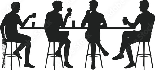 Group of friends sitting on bar stools, drinking beverages, social interaction, nightlife conversation, social gathering silhouette illustration