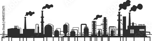 Large industrial factory skyline silhouette, oil refinery chemical plant with smokestacks, pipes and towers, black minimal energy infrastructure illustration design
