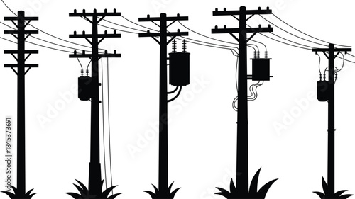 Electric utility poles with transformers and overhead power lines silhouettes, electricity distribution infrastructure set, urban energy network, black vector illustration