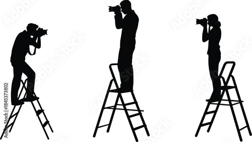 Professional photographers standing on ladders capturing photos, creative photography silhouettes, studio teamwork concept, isolated black figures on white background