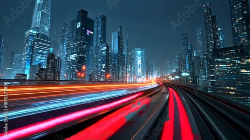 Futuristic city skyline with illuminated buildings and dynamic light trails at night