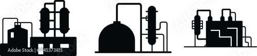 Industrial factory silhouette icon set, oil refinery chemical plant power station infrastructure, minimal black industrial energy production illustration