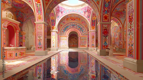 Ornate Pink and Gold Palace Interior with Reflecting Pool image photo