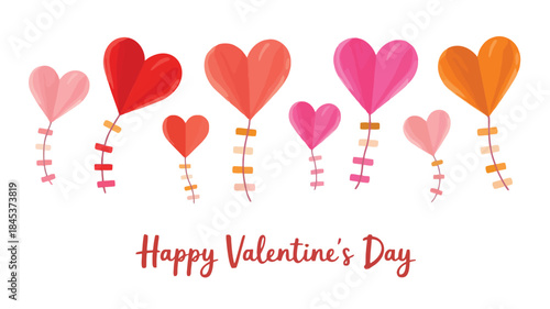 A minimalist scene with multiple kites in the shape of hearts in various pink and red hues on a white background, conveying love