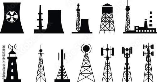 Industrial towers and energy infrastructure silhouettes set, power plants, factories, water and communication towers, black vector icons isolated