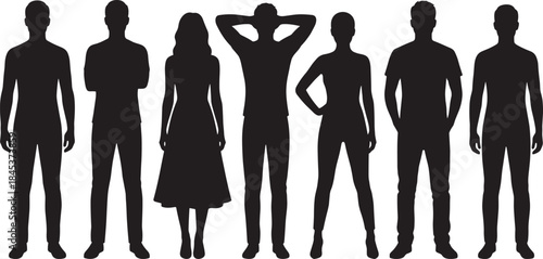 People silhouette collection standing poses, male and female human figures, black full body characters isolated on white background