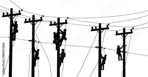 Electric line workers silhouettes repairing utility poles, power maintenance teamwork on overhead lines, electricity infrastructure service, black vector illustration