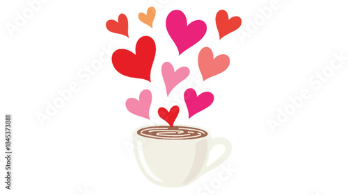 Flat illustration of white cup with hearts coming out love coffee drink