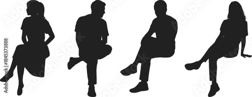 People sitting silhouettes collection, men and women seated casual poses, relaxed lifestyle and posture concepts, black vector icons isolated