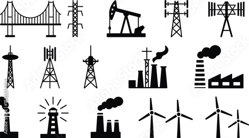 Industrial infrastructure silhouettes collection, power energy towers factories oil pump wind turbines, construction utility icons isolated black vector set