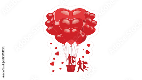 A romantic bouquet of red heart shaped balloons lifting a loving family with hearts floating around on a white background