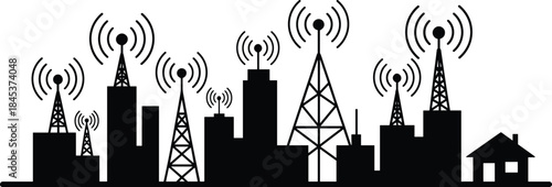Wireless communication towers city skyline silhouettes, radio signal transmission infrastructure, urban network technology concept, black vector illustration isolated