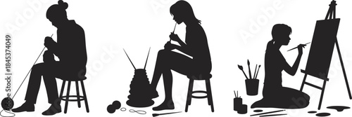 Women creative activity silhouettes set, knitting crochet and painting artist poses, handmade hobby and art process, black vector icons isolated