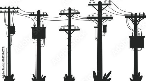 Electric power distribution poles silhouette, overhead utility lines infrastructure, electrical transformers, energy transmission network, industrial electricity supply illustration
