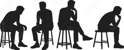 Male sitting silhouettes on stools, thoughtful and casual men poses set, relaxed lifestyle posture collection, black vector illustration isolated