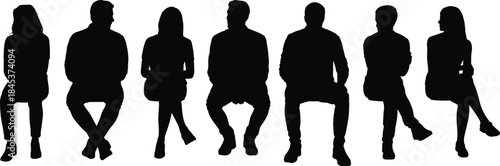 Seated people silhouettes, group sitting poses, anonymous men and women, minimal black figures, studio furniture, human posture collection
