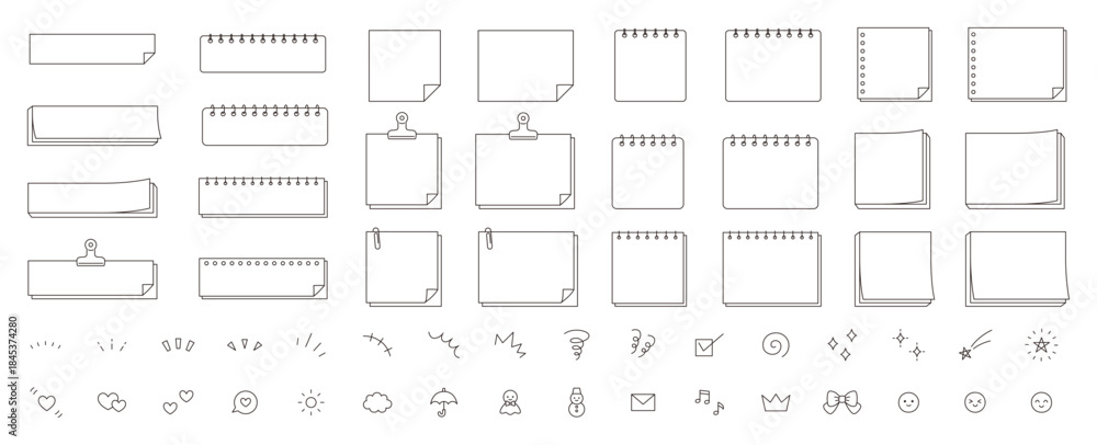 Fototapeta premium シンプルなフレームと飾りアイコンのベクターイラストセット。枠、付箋、メモ