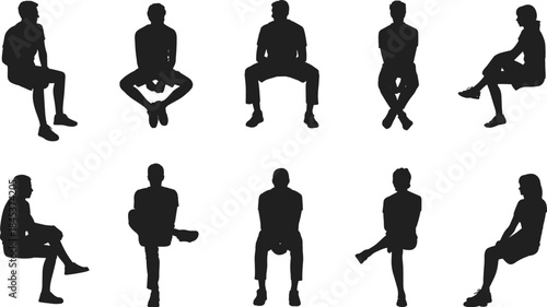 People sitting silhouettes collection, men women relaxed seated poses front side views, casual lifestyle concept isolated black vector illustration set