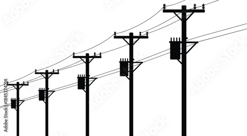 Electric power distribution poles silhouette, utility infrastructure skyline, overhead transmission lines, urban electricity network, industrial energy concept illustration