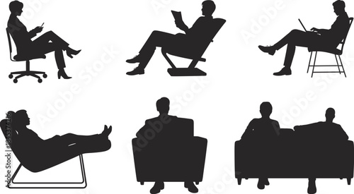 People sitting and relaxing silhouettes set, men and women reading, working, resting poses, black vector icons isolated