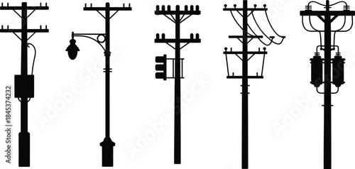Electric utility pole silhouettes collection, power transmission distribution poles with transformers cables, infrastructure energy isolated black vector illustration set