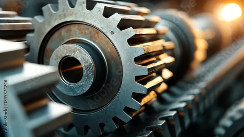 Close-Up View of Metallic Gears and Cogs in Motion in an Industrial Setting