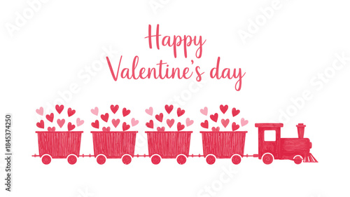 A flat illustration of a train emerging with hearts on valentines day