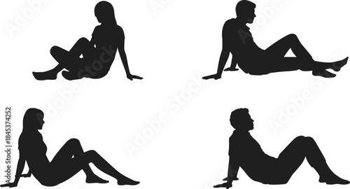 Silhouette people sitting and relaxing on ground, casual poses, human figures, black shapes, isolated vector illustration set