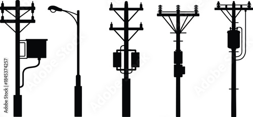 Utility power pole silhouettes, electric distribution poles, street light and transformer infrastructure, black vector icons isolated on white background set design elements collection