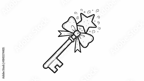 Whimsical Magic Key with Star and Bow Illustration.