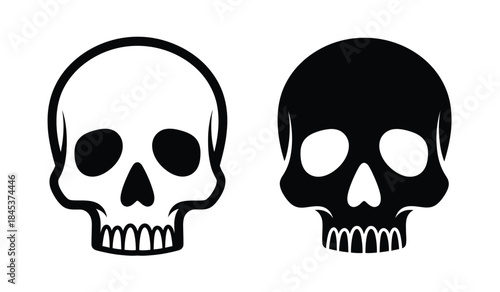 A stark depiction of two human skulls one white against a background and one black showcasing a contrasting visual representation of mortality and the