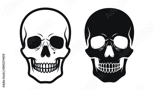 A striking visual depiction showcases two black and white skull illustrations one detailed and one simplified side by side creating a contrasting aesthetic