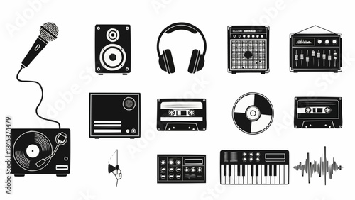 Collection of vintage audio equipment and musical instruments.