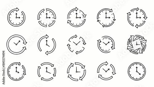 Collection of Clock Icons Representing Time and Cycles.