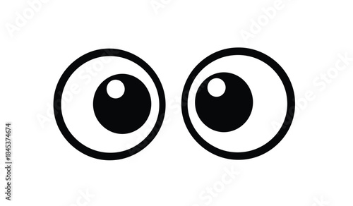 A minimalist depiction of two cartoon eyes featuring black irises with white highlights set against a plain white background conveys a playful expression