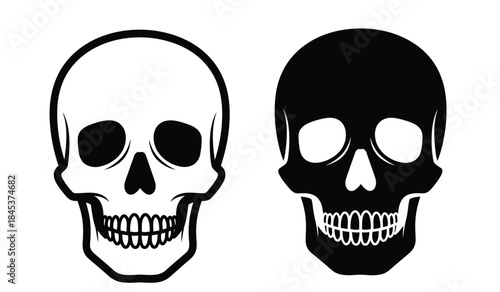 a stark depiction of two human skulls in a black and white illustration showcasing the anatomical structure and symbolic representation of mortality