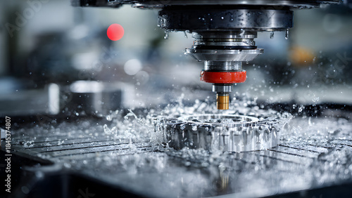 Ultra-realistic CNC machining center cutting non-identifiable metal parts in a controlled factory setting